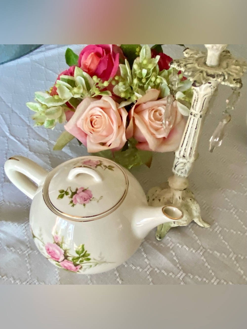 Floral Porcelain Teapot with Pink Rose Design